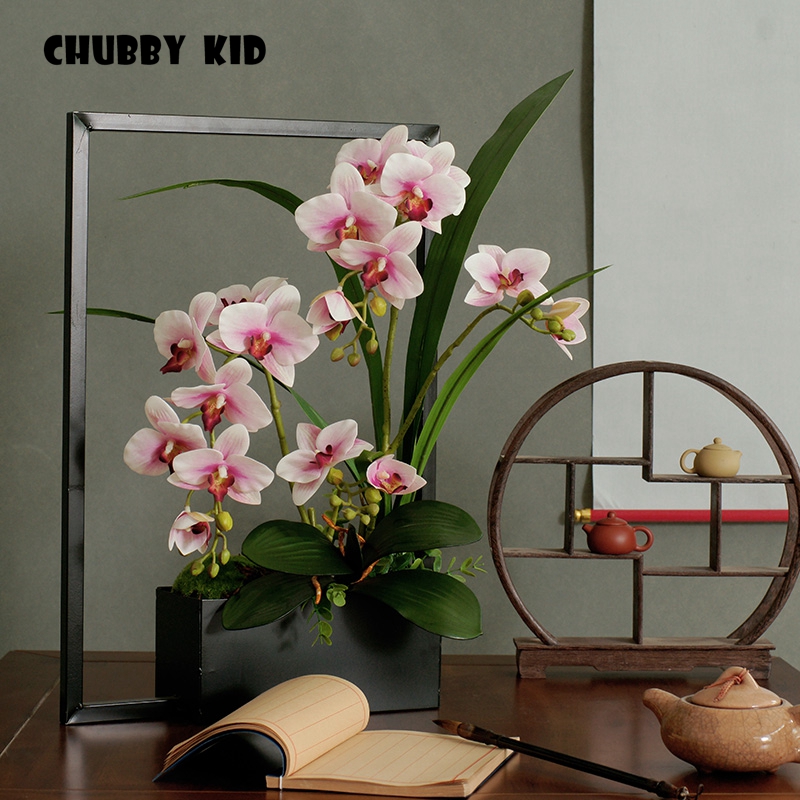 

Real touch 3D artificial butterfly orchid flower arrangements fake ikebana wedding latex orchid with ceramic flower pot suit