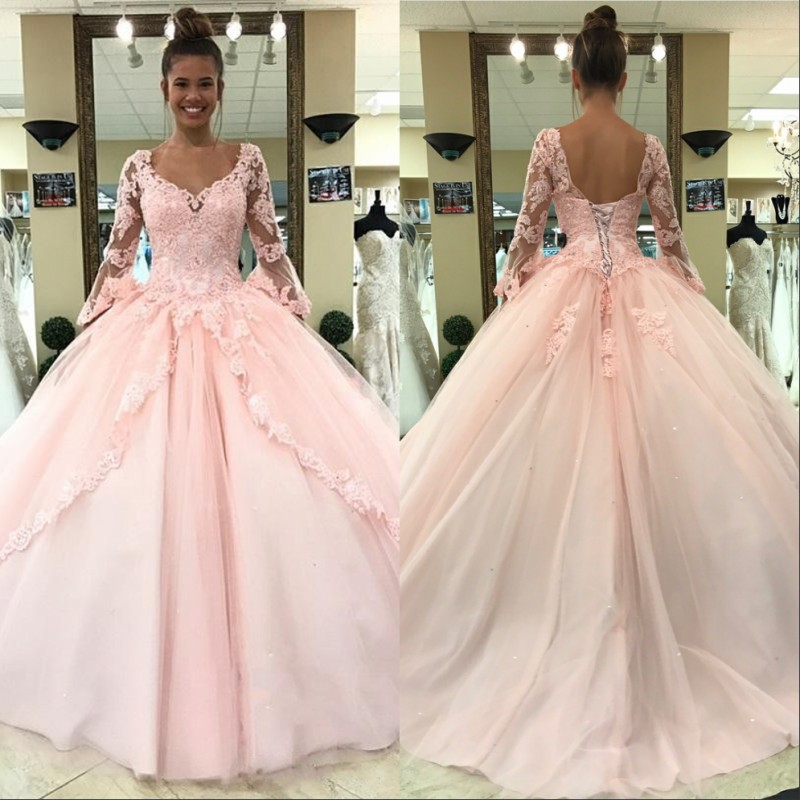 

Light Pink Quinceanera Prom Dresses 2019 Long Sleeves Ball Gown Princess Sweet 16 Birthday Sweet Girls Prom Party Special Occasion Gowns, Custom made from color chart
