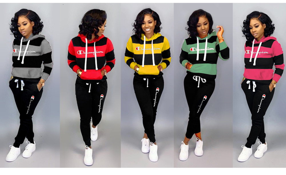 2019 Women Tracksuits Hoodies+Leggings Set Champion Bodycon Outfits Striped Sportswear Winter Fall Casual Clothing From Cindaa01, $15.28