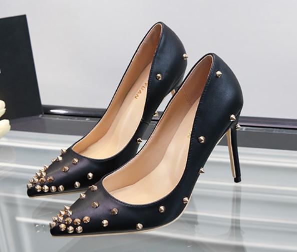 

2019 Women's shoes in Spring and Autumn with New style High heel fine heel pointed end sequined cloth rivet shoes heel 8cm ,10cm @211, Black