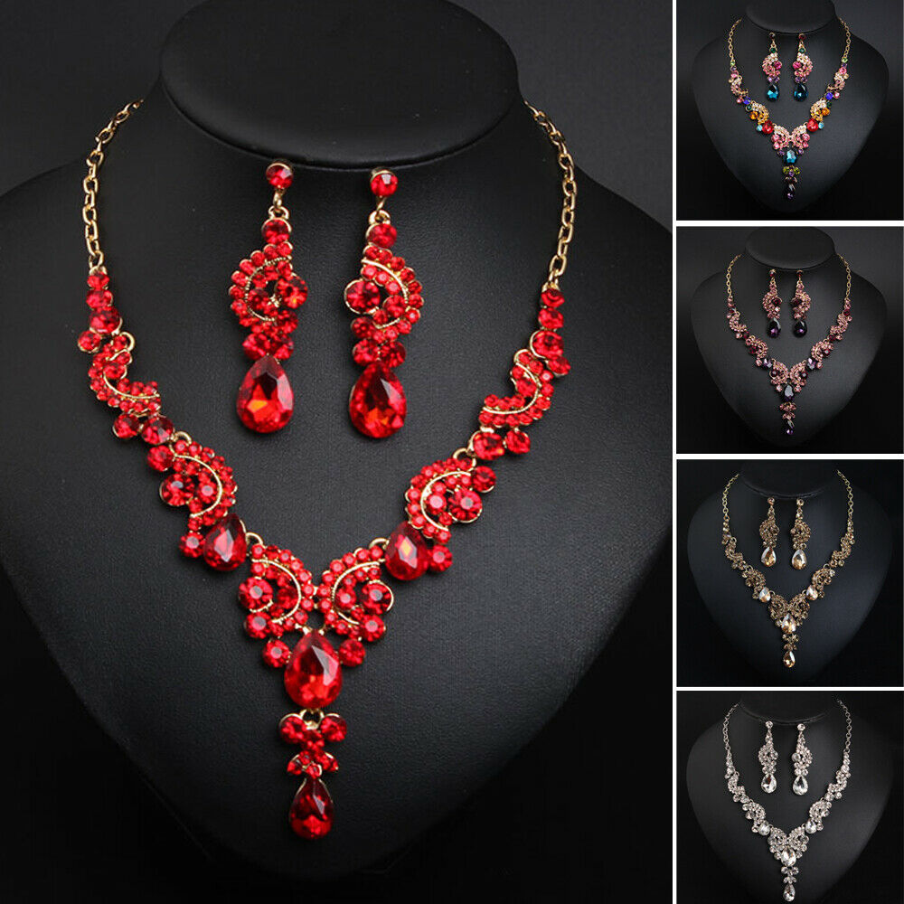 

Fashion Jewelry Sets Crystal Wedding Bridal Party Costume Jewellery Necklace Earrings Sets for Women Lady Statement Party Gifts, As pic