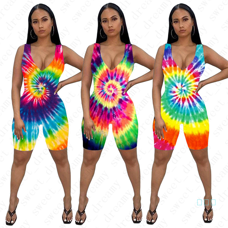 Femmes De Maigre combinaisons pantalon court de mode cravate-teints Dames D'été Sexy Barboteuses femelle tenues 3D Imprimer Sans Manches D'une se