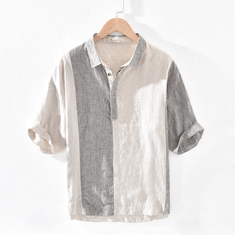 

Men Summer Fashion Japan Style Vintage High Quality 100% Yarn-dyed Patchwork Linen Half Sleeve Male Casual Pullover Chic Shirts, Beige
