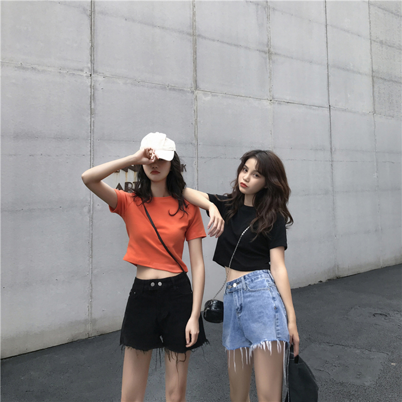 

Korean version of the simple and wild ins women's T-shirt tooling exposed navel dress solid color sexy style short sleeve, Black