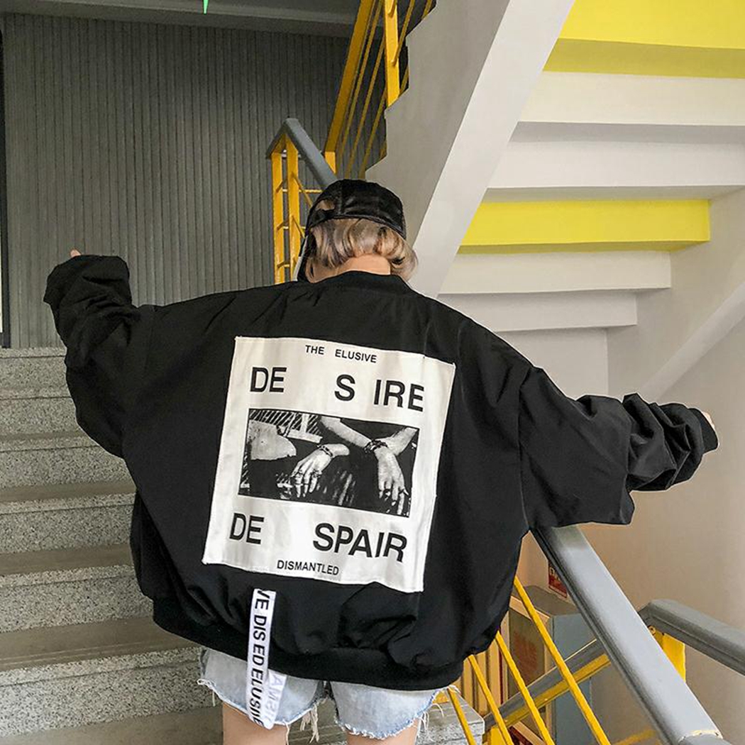 

Silver Silk Bomber Jacket Harajuku Women Letter Print Loose Windbreaker Thin Coats Autumn Long Sleeve Zipper Jackets Outwear, Black