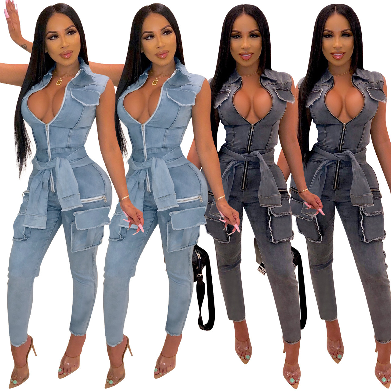 Denim TUTA CORTO DONNA tutine Tasca Bodycon Estate Jeans Tuta Casual