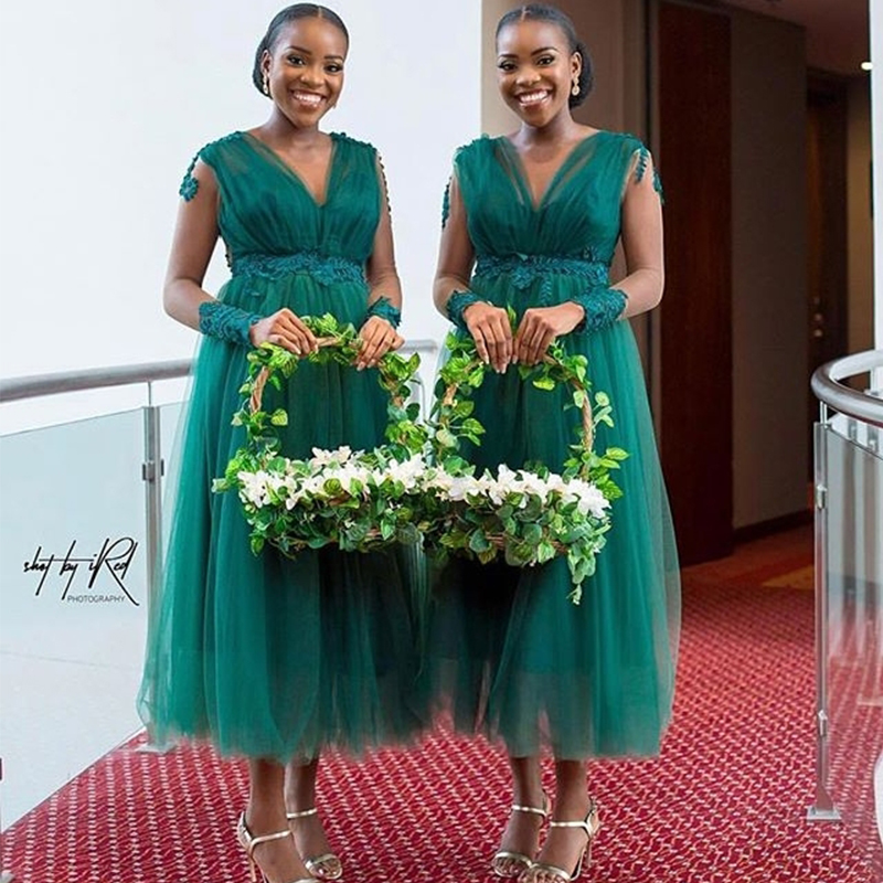 

Dark Green Tulle Bridesmaid Dresses Ankle Length A-Line African Maid of Honor Party Gowns with Long Sleeve Prom Dresses