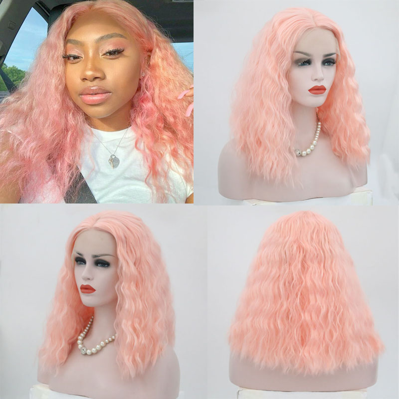 

AIMEYA Light Pink Synthetic Lace Front Wig for Women Loose Curly Bob Wig Heat Resistant Short Bob Hair Half Hand Tied Wigs, As pic