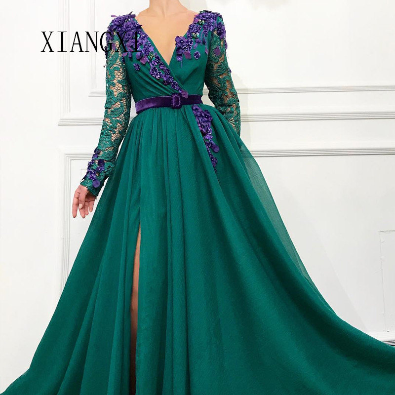 

Sexy Long Evening Dresses 2019 A-Line Deep V-Neck Full Sleeves Green Evening Dress Prom Dress Formal Gowns Vestidos, Black