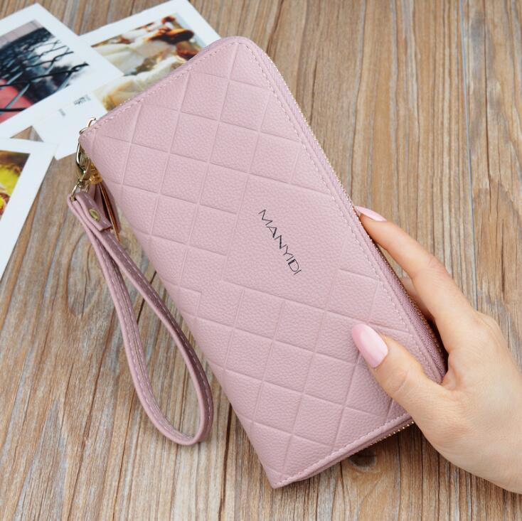 

Factory wholesale women handbag new rhombic long wallet double zipper fashion check zipper cell phone bag multifunctional leather student wa, Grey(printing box packaging)