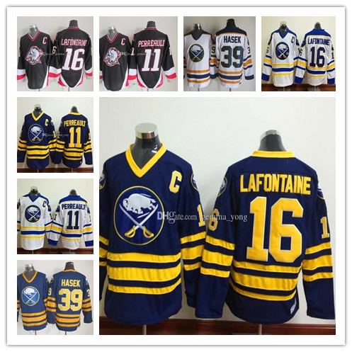 

1992 Vintage Buffalo Sabres Hockey 39 Dominic Hasek 16 Pat LaFontaine 11 Gilbert Perreault Embroidery Retro Navy Black White Fashion Jerseys, 11-white