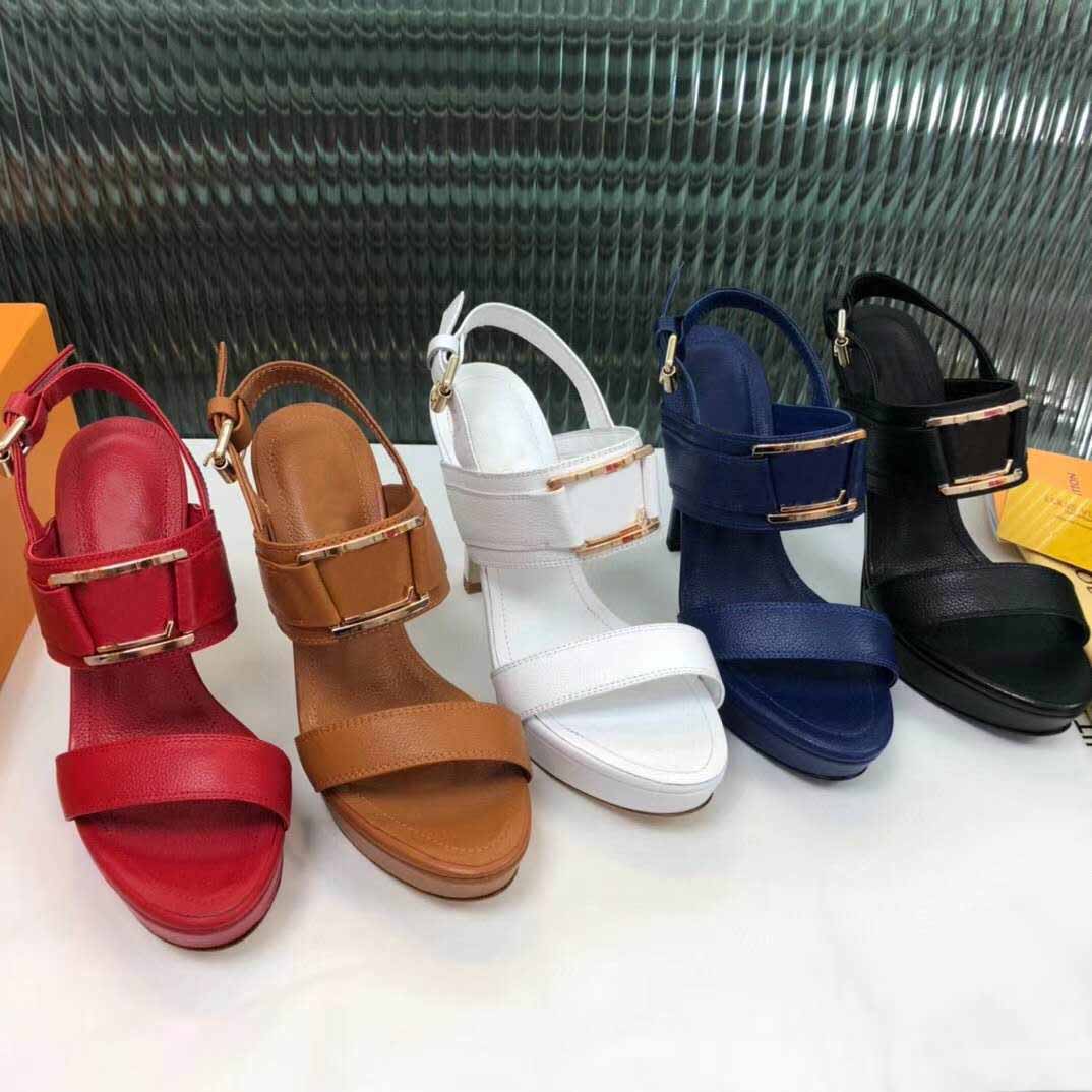 

Classic high heels fashion metal buckle high quality sandals designer letter buckle leather sexy ladies high heel sandals, Black