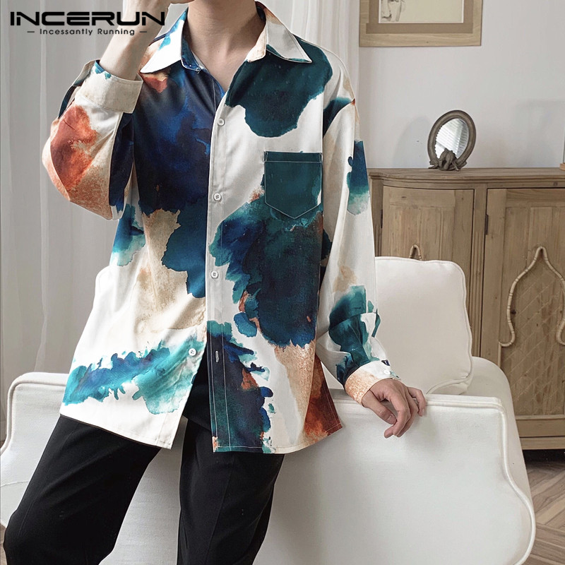 

INCERUN Men Chic PrintLong Sleeve Shirt Fashion Lapel Casual Joker Baggy Holiday Button Mens Blouse Streetwear Camisa Masculina, As picture