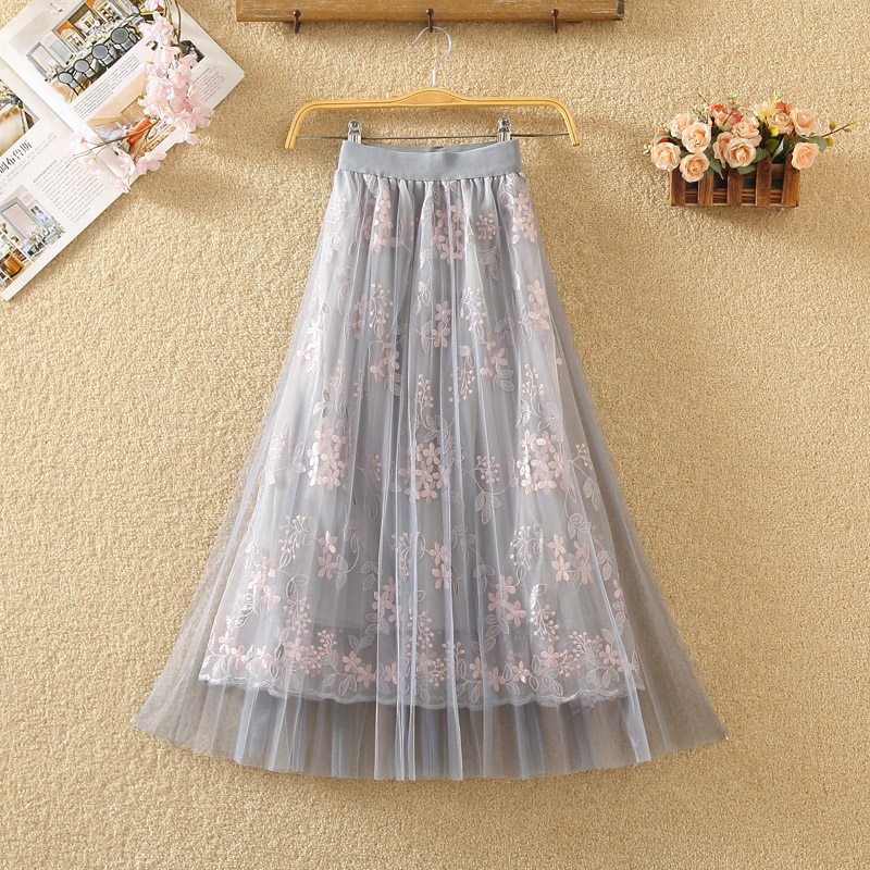 

Medium length pleated net skirt new embroidered skirt in autumn and winter 2019 sweet fairy A-line yarn, See chart