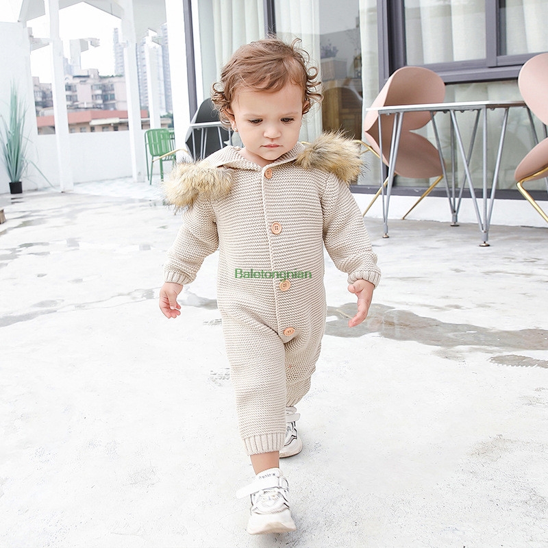 

Infant Baby Rompers Winter Clothes Newborn Baby Boy Girl Knitted Sweater Jumpsuit Warm Fur Hooded Kid Toddler Outerwear, Beige