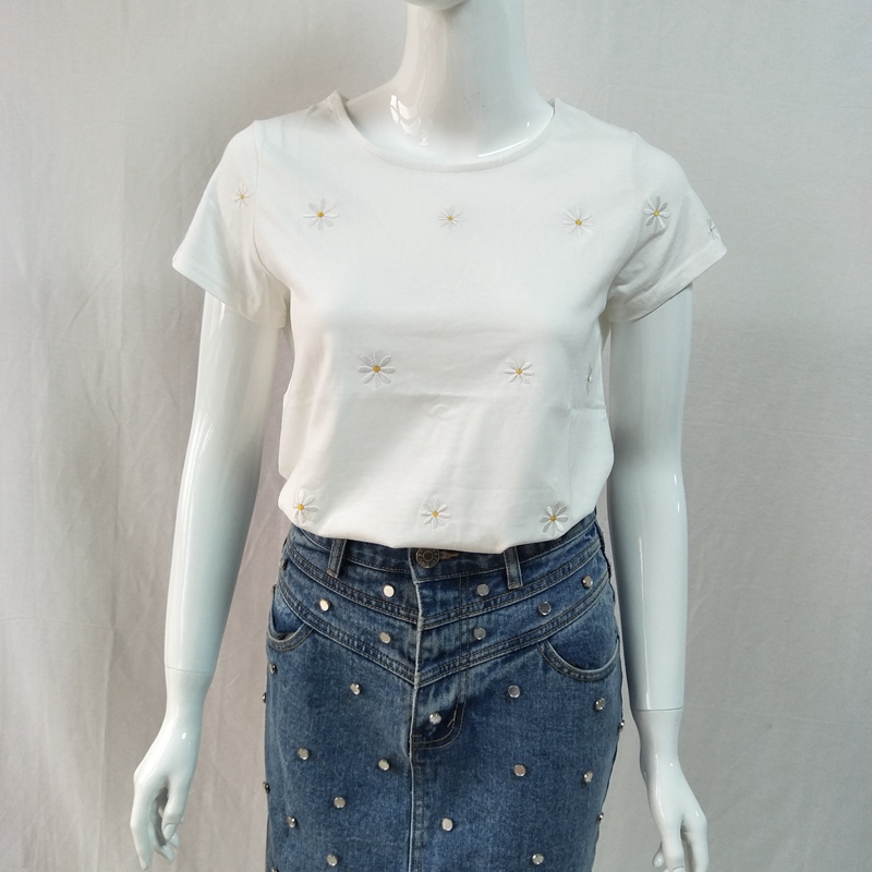 

Women' T-shirt 2020 Summer White Daisy Embroidered Cotton Short-sleeved T-shirt
