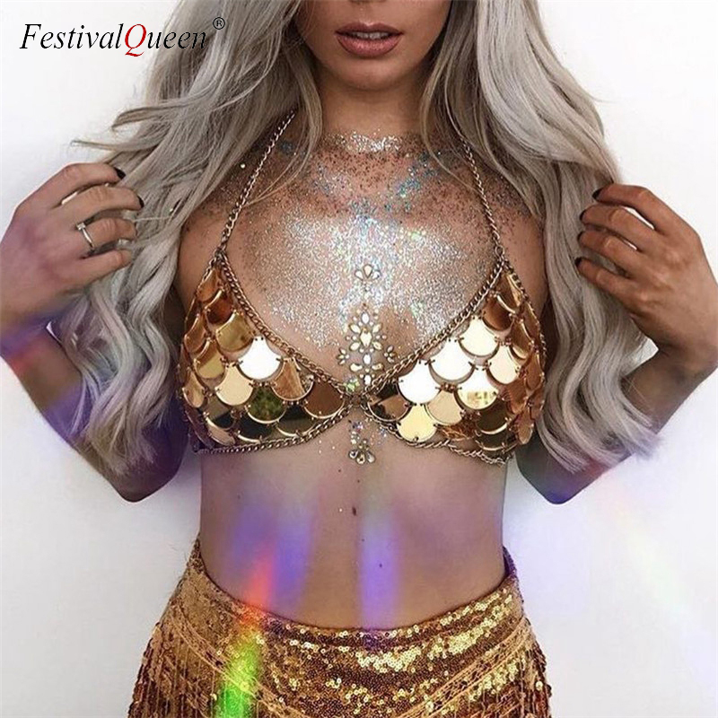 

FestivalQueen acrylic scale sequin metal chain halter crop top 2020 summer beach sexy backless club party cami tops, Colorful top