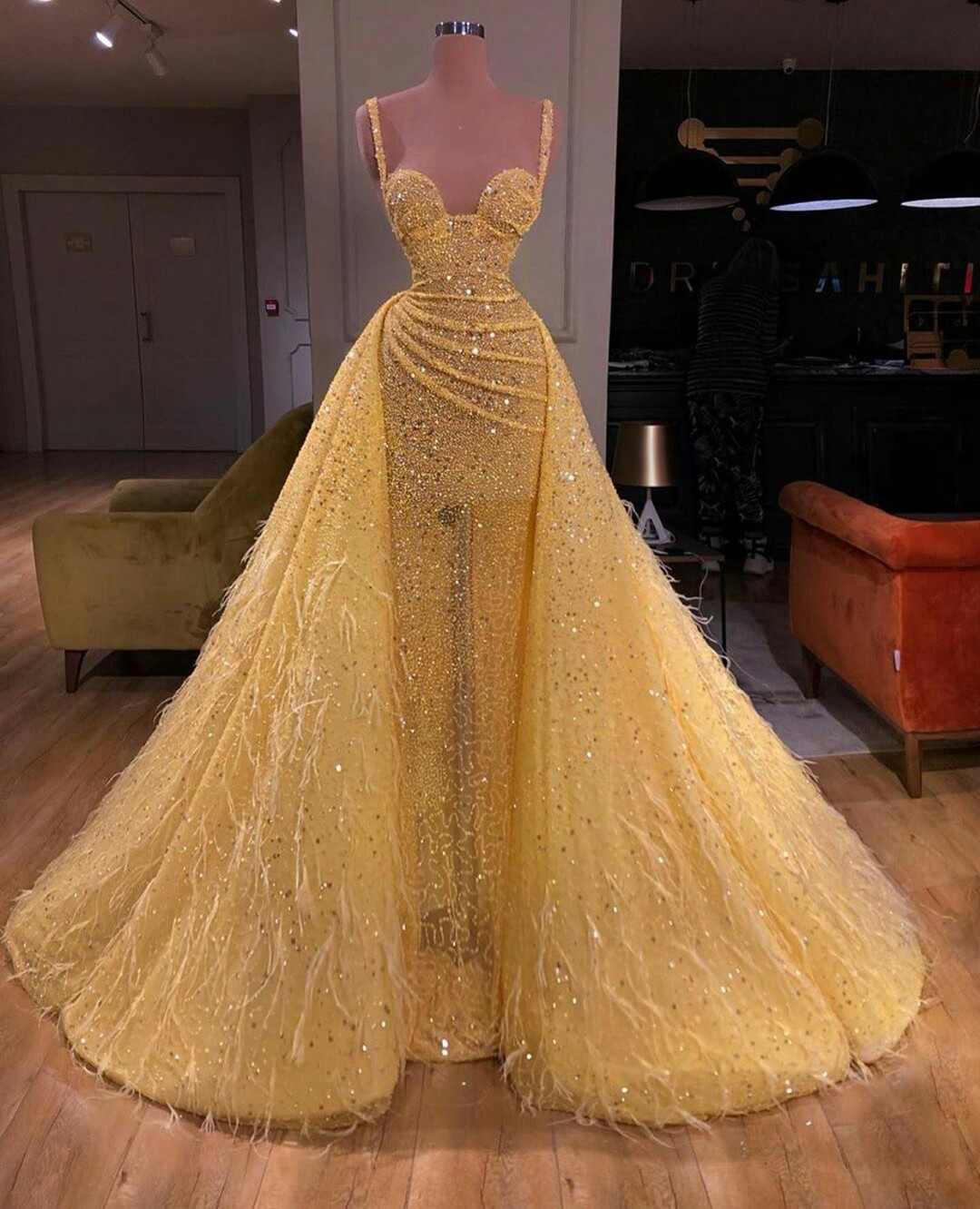 2020 Yellow Evening Dresses With Detachable Skirt Spaghetti Sequined Lace Mermaid Prom Dress Feather Sequined Custom Made Robes De Soirée