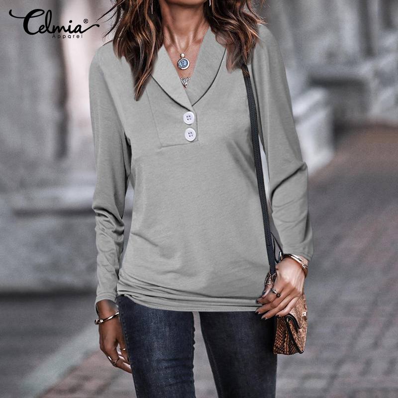 

Celmia Women Solid Blouses 2019 Fashion Long Sleeve Buttons Tunic Tops Casual Loose Shirts Ladies Sexy V-Neck Blusas Femininas, Black