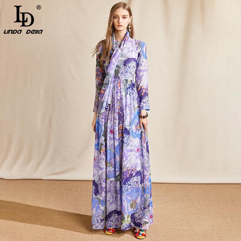 

LD LINDA DELLA Summer Fashion Designer Maxi Dress Women Long Sleeve Belted Floral Print Boho Holiday Chiffon Long Dress, Multi