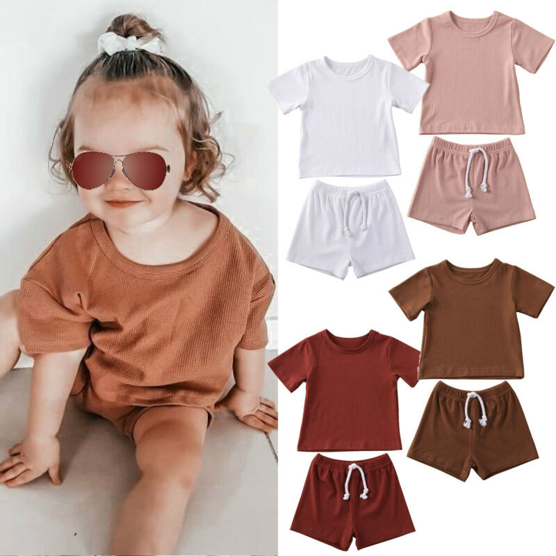 

0-24M Toddler Kids Baby Clothes Sets Girl Boys Solid Short Sleeve Top T-shirt+Short Pants Summer Outfits Set, Coffee