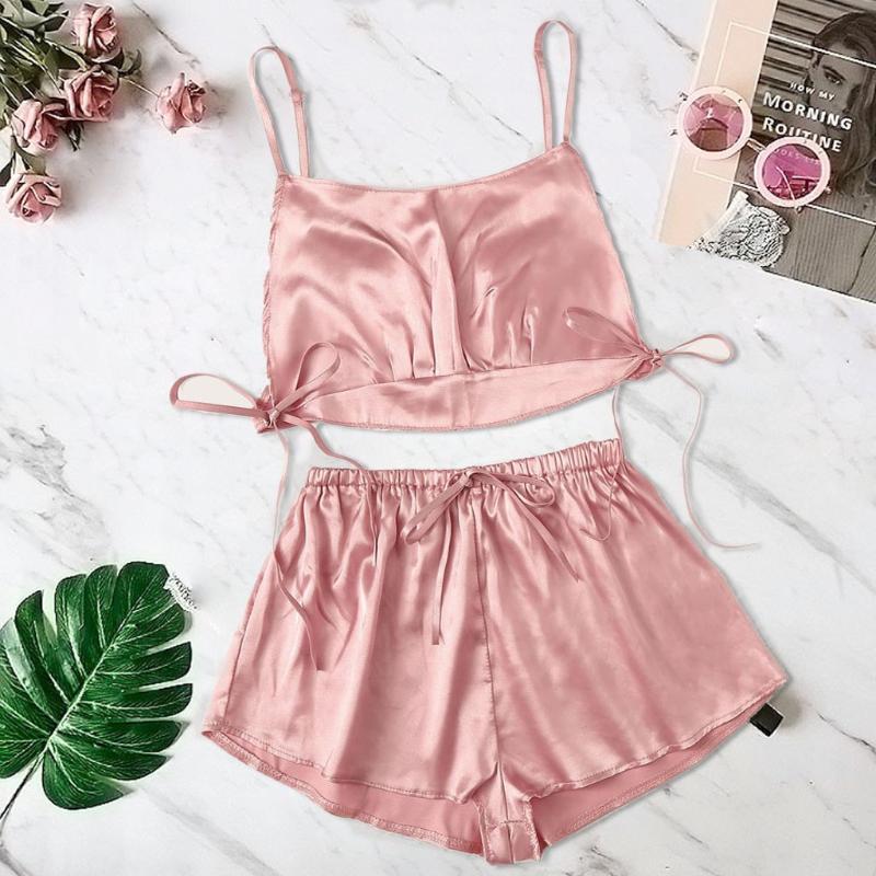 

Women Polyester 1 Set Lingerie Satin Silk Bowknot Camisole Shorts Set Sleepwear Bandage Lingerie Solid Color #P5, Gray