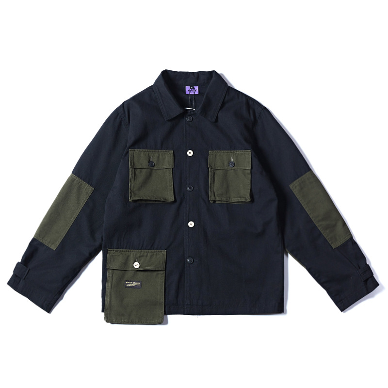 

Hip-Hop Lapel Shirt Coat Men 2019 Spring New Plus Size Splice Streetwear Single Breasted Shirts Men Shirt, Black