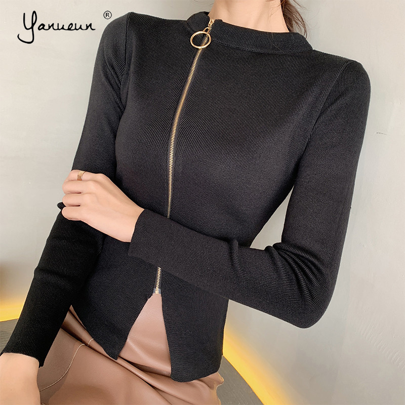 

Yanueun Women Sweater Autumn Winter 2020 Zipper Knitted Korean Style Fashion Casual Slim Thin Solid Ladies Sweaters Tops, Black