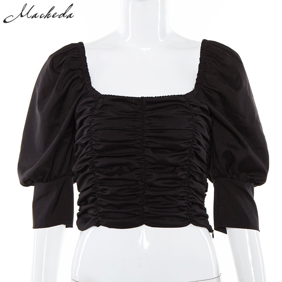 Lantern Sleeve Rib Knit T Shirt Square Collar Half Sleeve Tee Women Solid Casual Slim Fit Tops