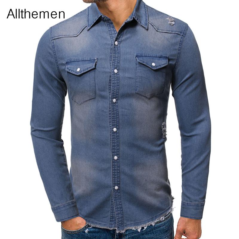 

Allthemen Denim Shirt Men Slim Fit Jeans Shirt Fashion Long Sleeve Cowboy Stylish Shirts Wash Tops Camisa Masculina Blue Ripped, As shown