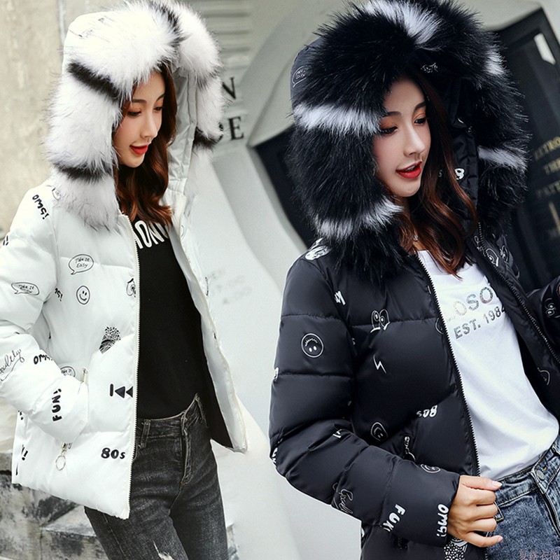 

Wholesale fashion women's new versatile slim short print down jacket cotton fur collar coat Size S-XXL, Black