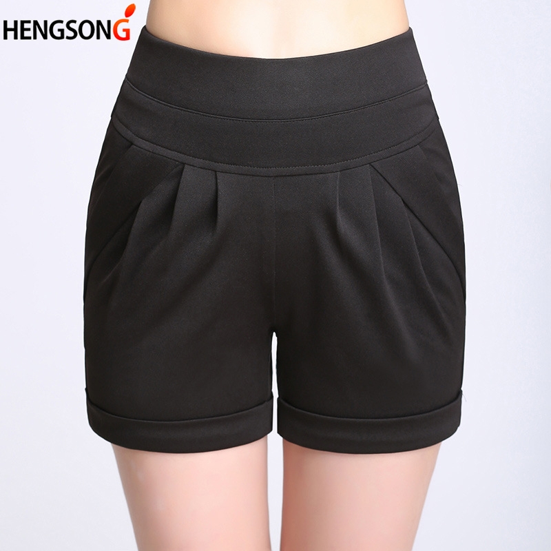 

Women Beach Shorts Summer Shorts Elastic Waist Solid Draped With Pockets Black White Plus Size