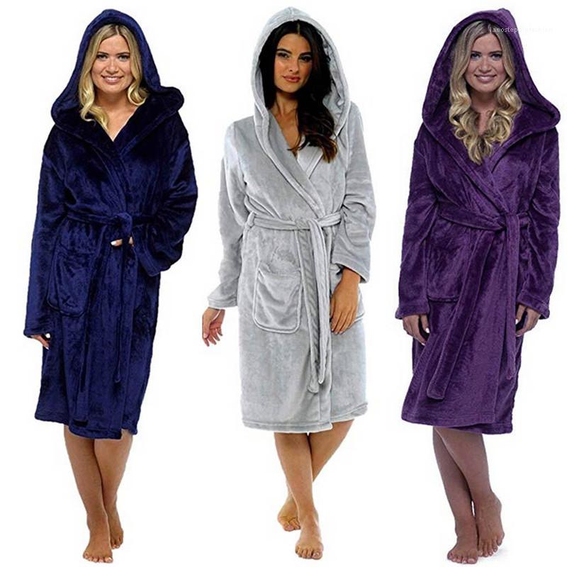 

Hooded Belt Long Sleeve Bathrobe Famale Loose Robes Womens Solid Color Long Nightgown Comfortable