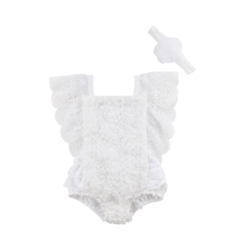 

Princess Summer Toddler Baby Girls Romper Short Sleeve Lace Backless Jumpsuits+Headband Solid Outfit 2020, As pic