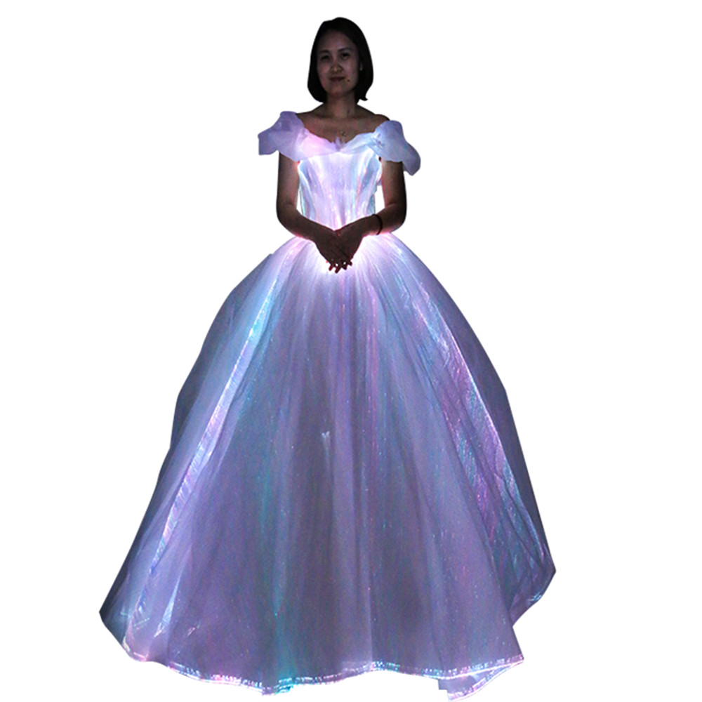 

LED Light up evening bridal dress glow in the dark luminous fiber optic wedding dress, White