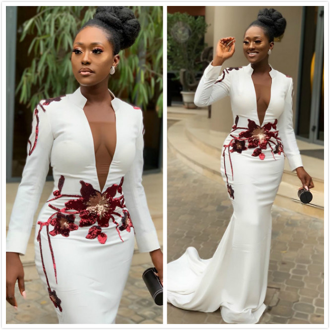 

White Mermaid Sexy 2019 African Evening Dresses High Neck Long Sleeves Appliques Prom Dresses Deep V-neck Formal Party Bridesmaid Gowns ZJ37, Champagne