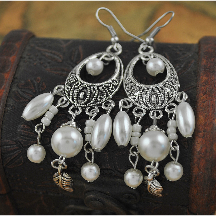 

National style earrings Baroque tassel leaf earrings hand-painted decorative ancient silver earrings
