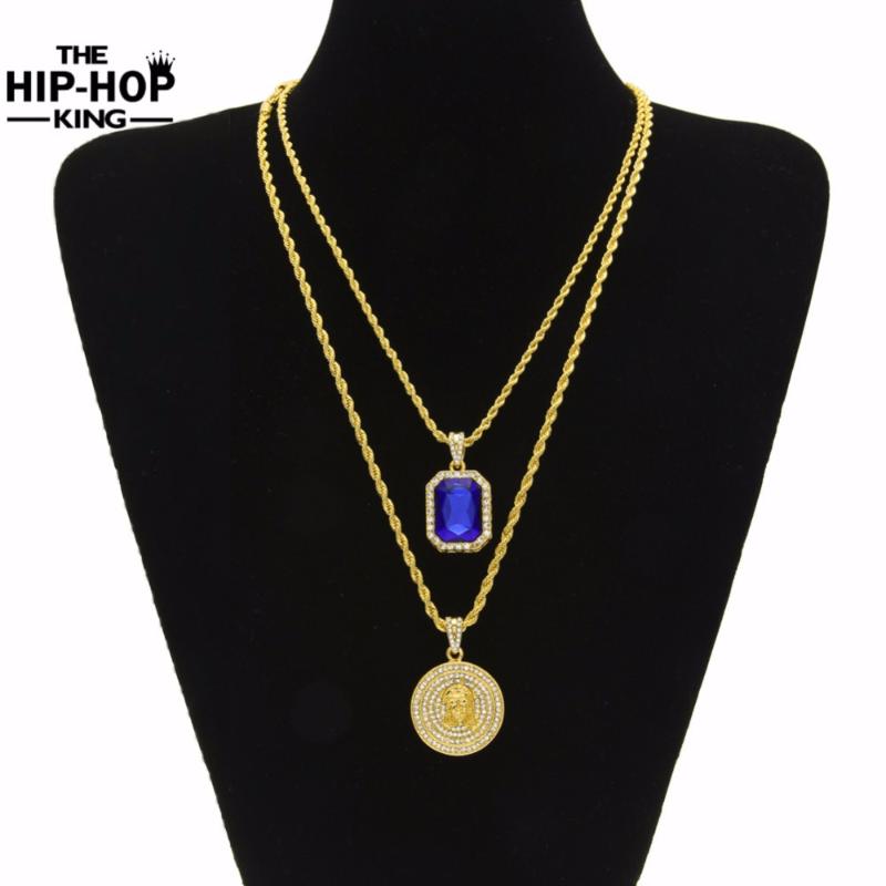 

Micro Ruby Red & Jesus Face Pendant Chain Necklace Set for Men High Quality Zinc Alloy Iced Out Hip Hop Jewelry New Arrival