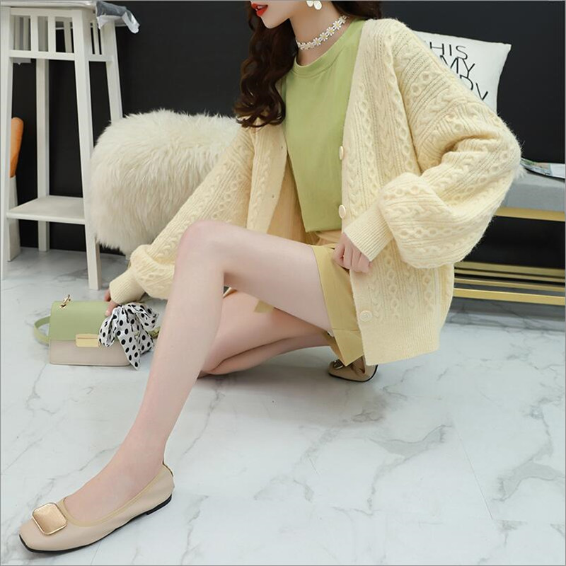 

Cardigan Sweater Women's Loose 2019 New Women's Early Spring and Autumn Short Sleeve Solid Color Knit Jacket, Beige