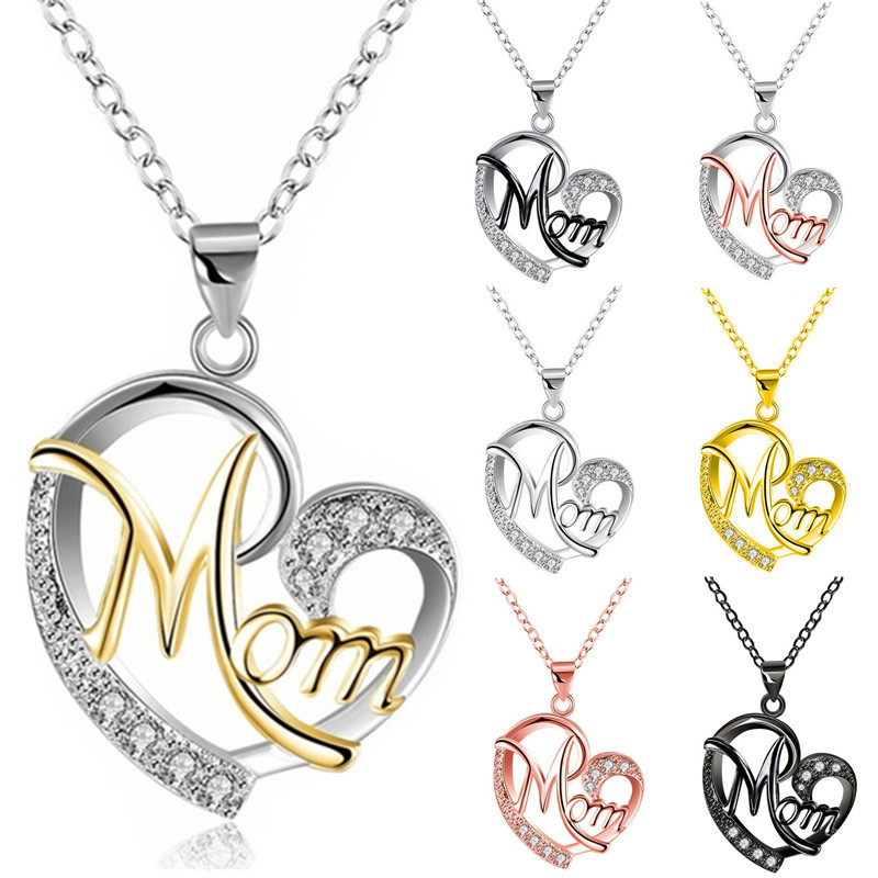 

7 Colors Fashion Letter MOM Heart Shape Inlaid Crystal Pendant Necklace Mother's Day Gift High Quality Jewelry