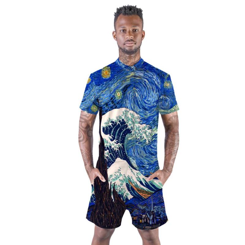 

Beach Sets Men's Rompers Print Gogh Starry sky Jumpsuit One Piece Overalls Outfits Romper Casual Summer Holiday Men Clothes, 003