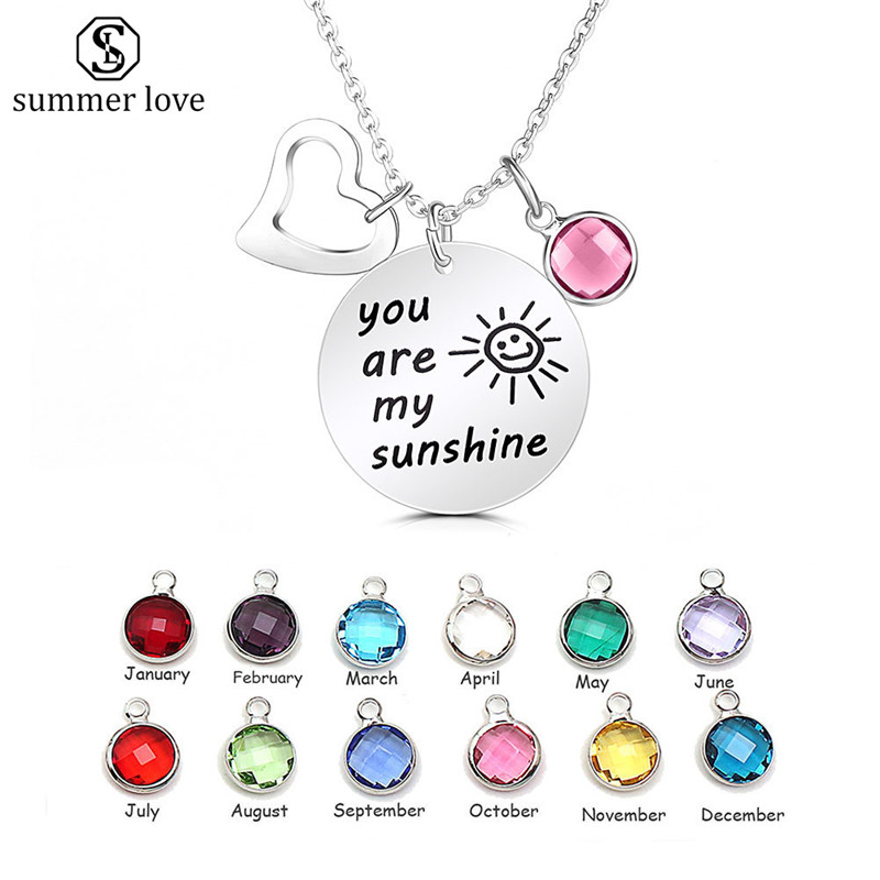 

2020 Birthstone Stainless Steel Necklace you are my sunshine Lover Pendent Necklaces for Women Girl Birthday Gift-Z