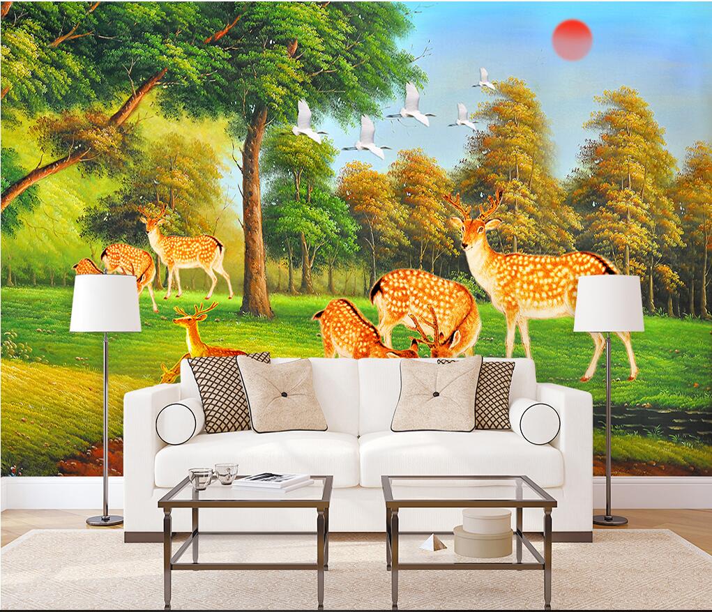 

3d room wallpaper custom photo non-woven mural Nordic minimalist hand-painted green forest elk TV sofa background wallpaper for walls 3 d, Picture shows