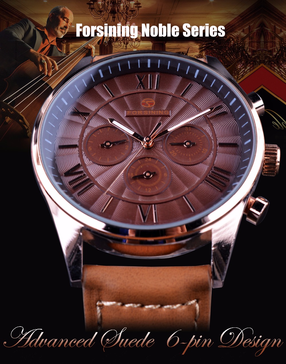 

Forsining Classic Series Swirl Dial Suede Strap 6 Hands Calendar Display Men Watches Top Brand Luxury Automatic Watch Clock Men, Black