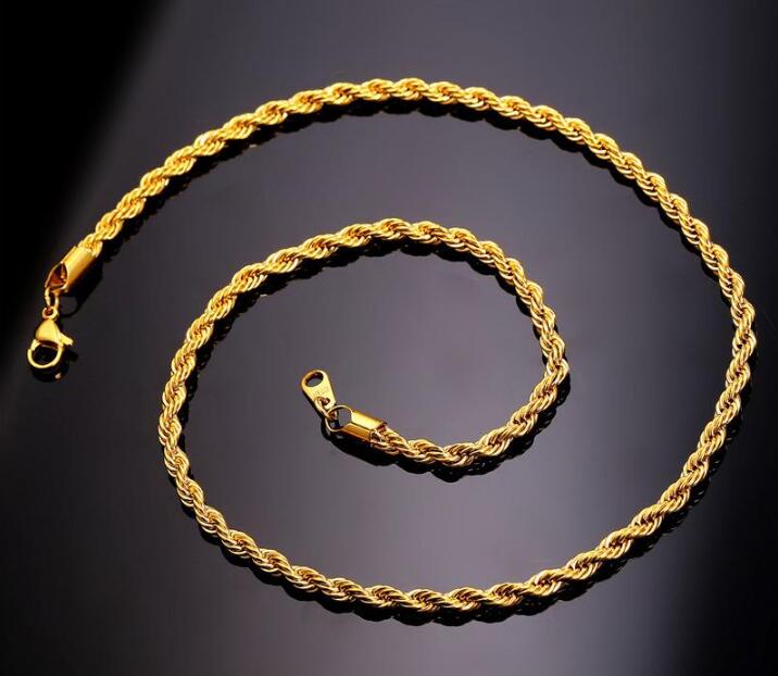 

2019 New fashion 18-30 inches 3mm 18K Real Gold Plated Stainless Steel Rope Chain Necklace for Men Gold Chains Fashion Jewelry Gift