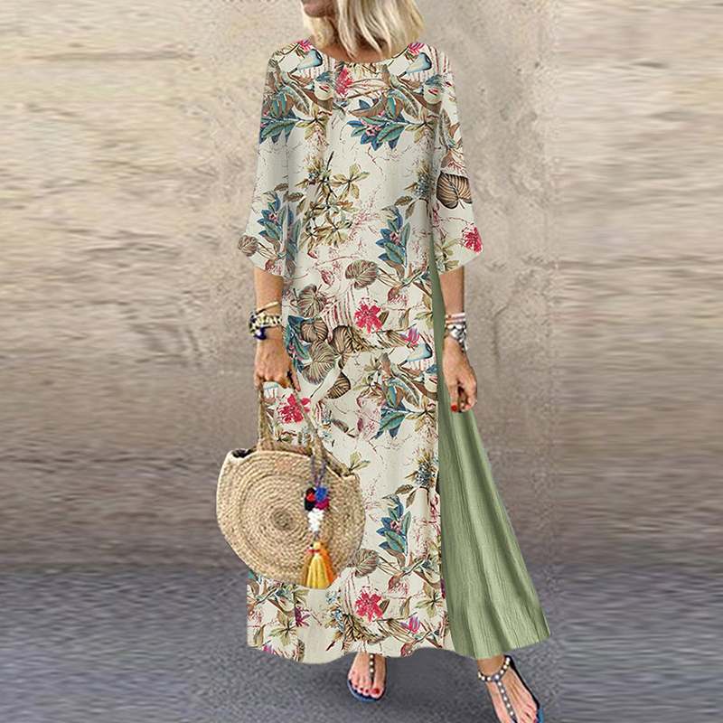 

Autumn Women Vintage Flroal Printed Sundress Casual Pacthwork Dress Robe Femme Bohemian Half Sleeve Sundress Plus Size Dresses, Blue