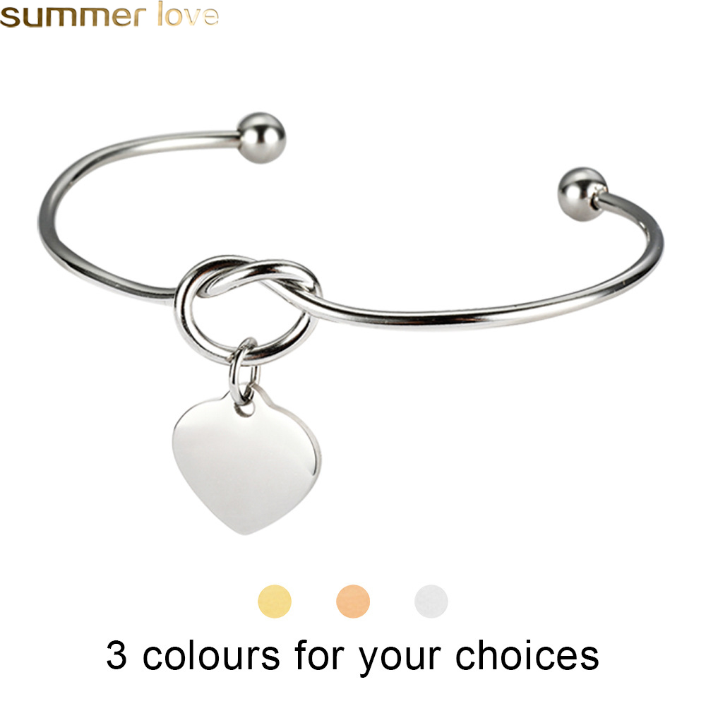 

Stainless Steel Knot Bracelet Rose Gold Silver Gold Color Bangle Heart Charm Bracelet Love Bangles Can Engrave Name Bridesmaid Wedding Gifts