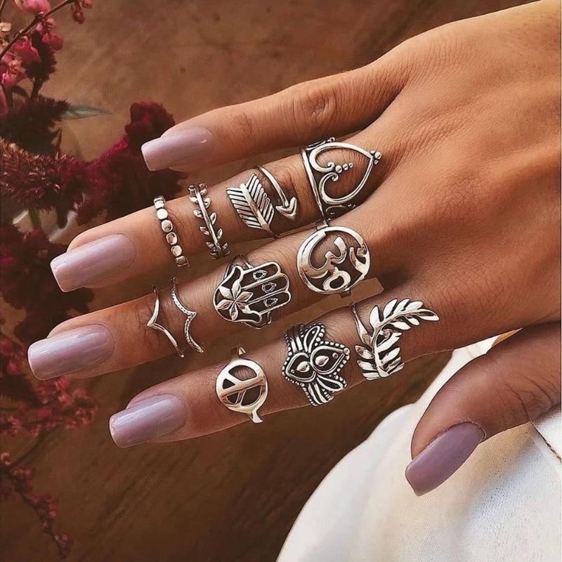 

Cluster Rings Bohemian Vintage Silver Women Finger Starfish Leaf Heart Crystal Joint Ring Sets Lady Wedding Summer Beach Party Jewelry