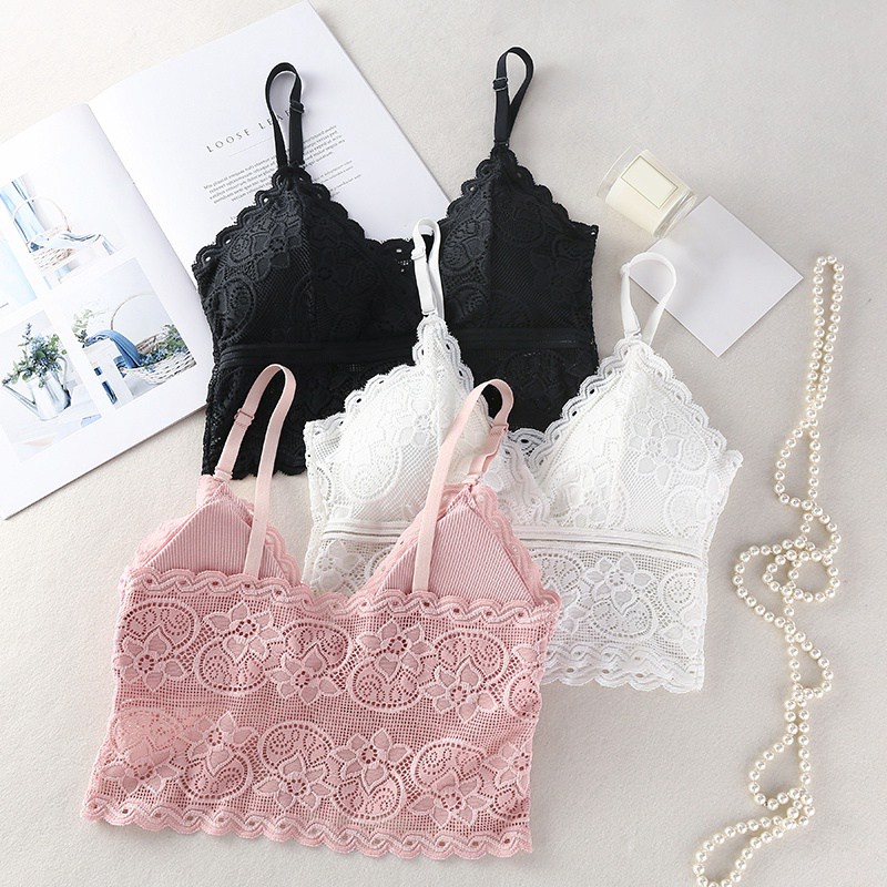 

Women Underwear Tops Sexy Embroidery Floral Tanks Wireless Bra Deep V-Neck Lace Bras Summer Clothing, Black