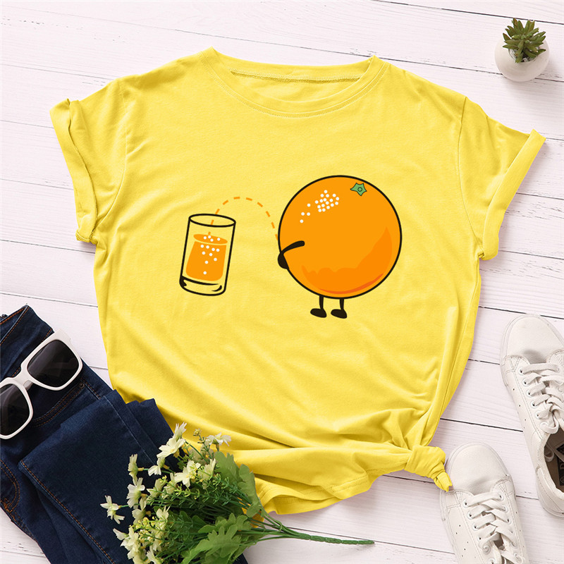 

Plus Size -5XL Lovely Orange Print T Shirt Women 100%Cotton O Neck Short Sleeve Tees Summer T-Shirt Pink Tops Casual TShirt, A1121-yinguang